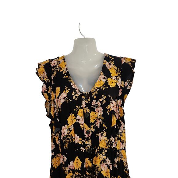 Xhilaration Flutter Sleeve Floral Jumpsuit V-Neck Black Yellow Size Large - Picture 5 of 12